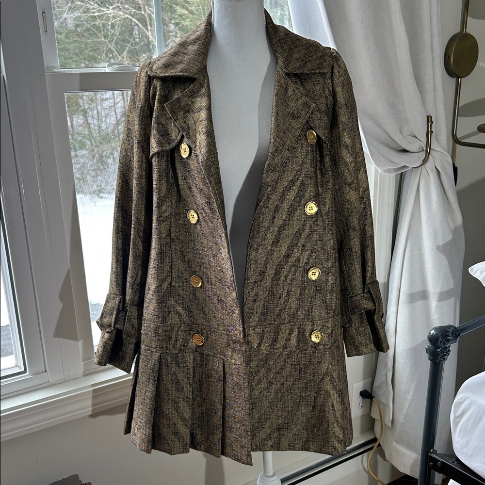 3 Sisters Women's Gold and Brown Double-Breasted Coat Small